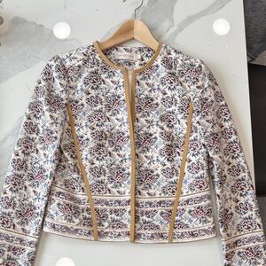 Tory Burch Floral Jacquard Crewneck Jacket with Tan Trim